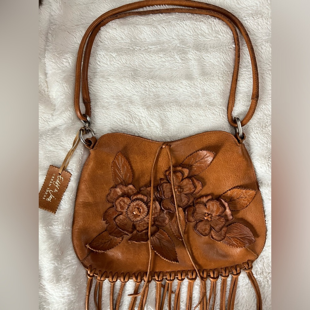 Stunning Boho Brown Leather Floral Bag with beautiful details. Brand Eddy & Jack